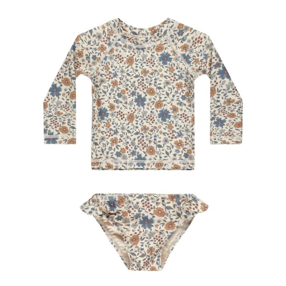 Kids Floral Long-Sleeve One-Piece Swim Set - Cream with Blue & Brown Floral